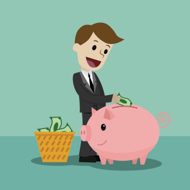 Finans ve ilişkiler kavramı. Bir domuz banka ile iş adamı.