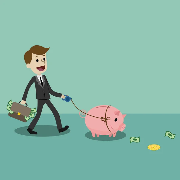 Finans ve ilişkiler kavramı. Bir domuz banka ile iş adamı. — Stok Vektör