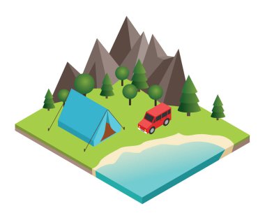 Yaz kamp ve çadır bir nehir ya da göl yakınındaki.