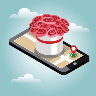 Isometric city. Flower delivering. Flowers. Mobile searching. Geo tracking. Map.Isometric city. Food delivering. clipart
