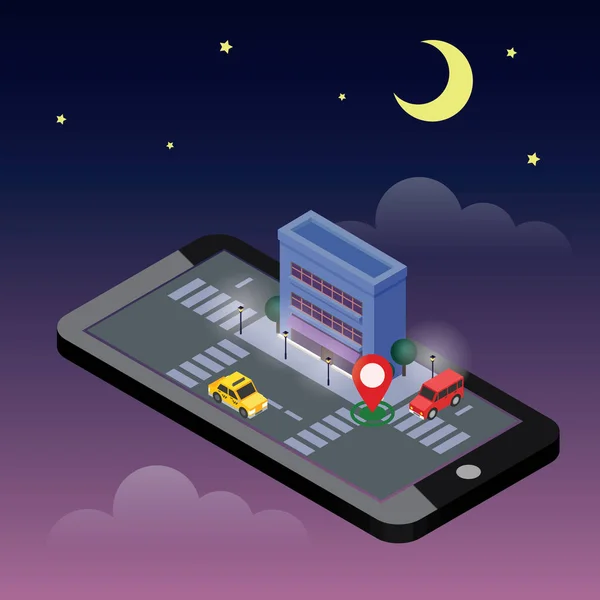 Isometrische Stadt. mobiles Geo-Tracking. Landkarte. Stadtbau und Verkehr. Geo-Positionierung. Navigator. Mondscheinnacht — Stockvektor