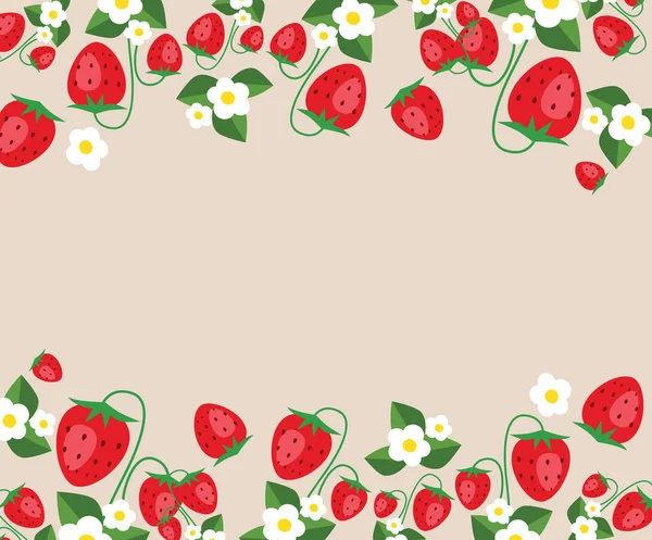 Frame van sjabloon met aardbeien, blaadjes en bloemen. Vector achtergrond — Stockvector