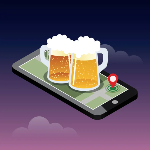 Hledáte bar. Mobilní hledání. Izometrické mobile a pivo. Geo sledování. Mapa — Stockový vektor