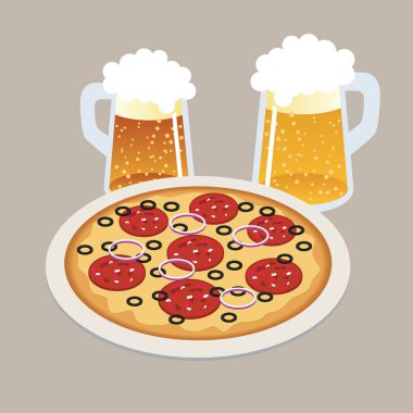 Pizza ve iki taslak bira 3d izometrik stilinde lezzetli pizza plaka üzerinde. Bar