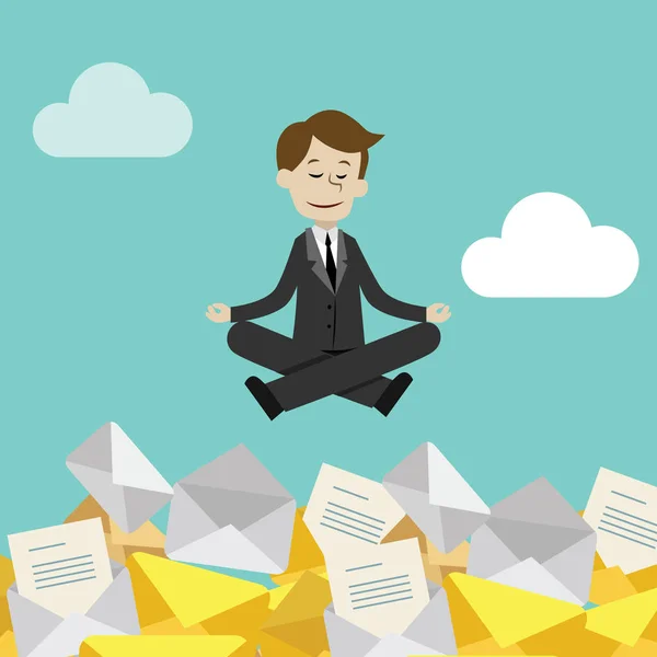 Ondernemer of manager heeft een heleboel e-mails maar houden rust doen yoga in lotus houding. Succesvol is voltooid. — Stockvector