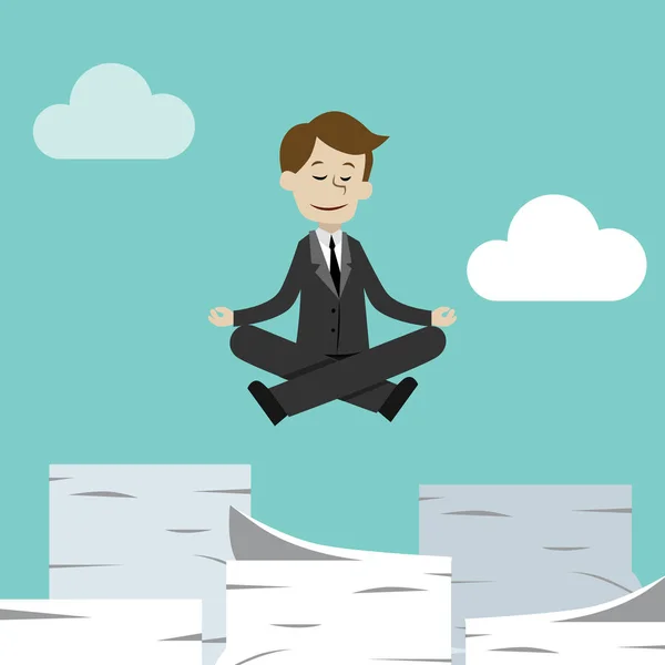 Empresário ou gerente tem um monte de empregos, mas manter a calma fazendo ioga em pose de lótus. Job está terminado com sucesso . —  Vetores de Stock