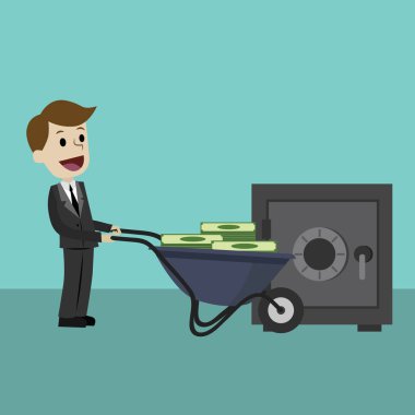 İşadamı veya Yöneticisi tekerlek barrow kullanarak para getiriyor. Bankacılık ve yatırım