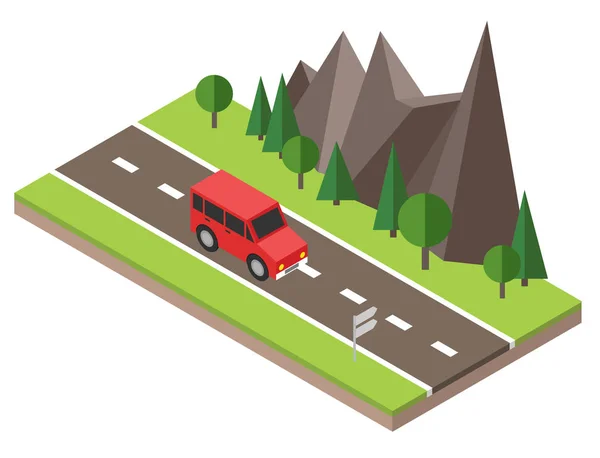 Isometric countryside. Summer road. Car goes through rocks and trees. — Stock Vector