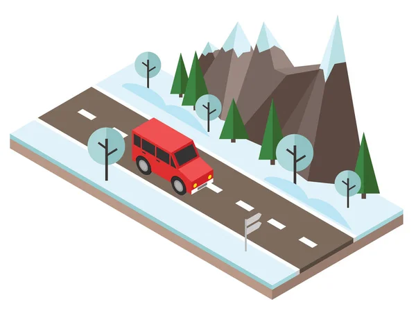Isometric countryside. Winter road. Car goes through rocks and trees — Stock Vector
