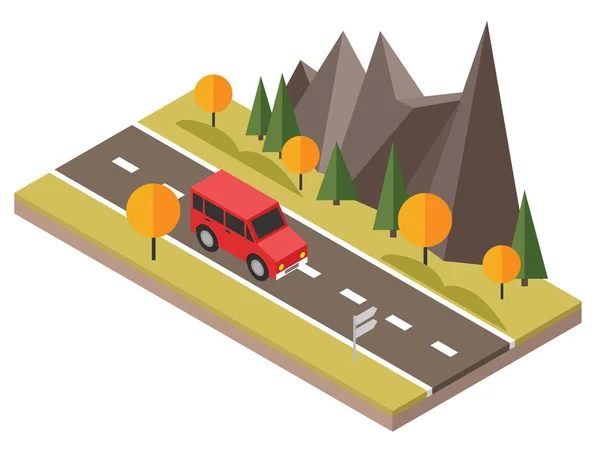 Isometric countryside. Fall road. Car goes through rocks and trees — Stock Vector