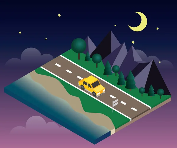 Car travaler on the road near the beach and forest. Moonlght night — Stock Vector