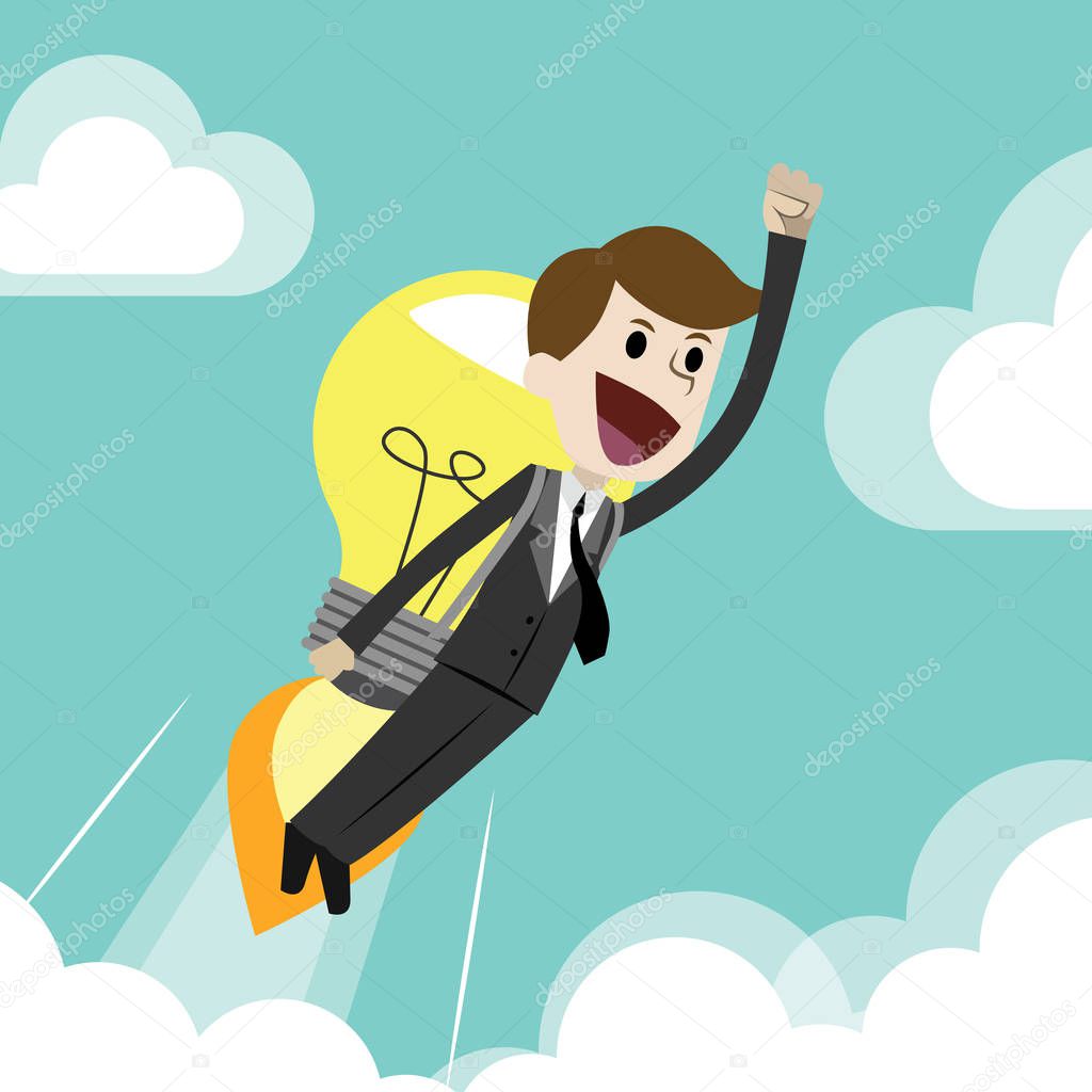 Businessman or manager getting new ideas for business. Startup. Flying with lamps like a balloons.