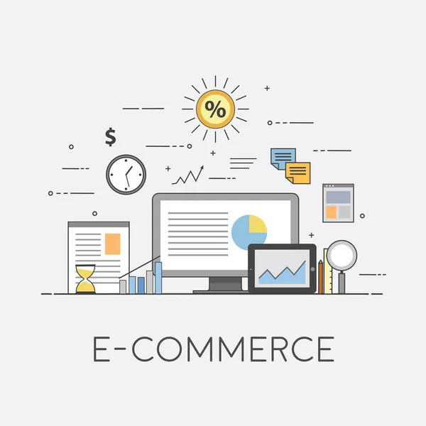 Biznes i finanse. Technologie cyfrowe. E-commerce. Wykresy i raporty — Wektor stockowy