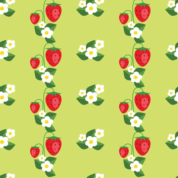 Patrón sin costuras con fresas, hojas y flores. Fondo vectorial — Vector de stock