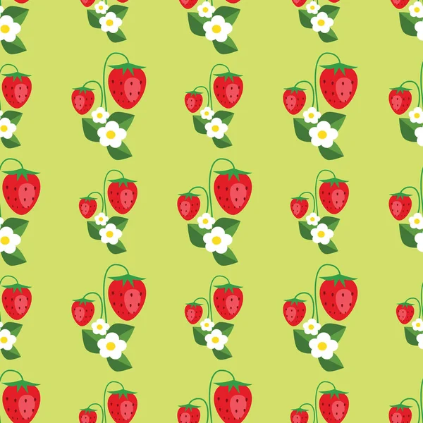 Patrón sin costuras con fresas, hojas y flores. Fondo vectorial — Vector de stock