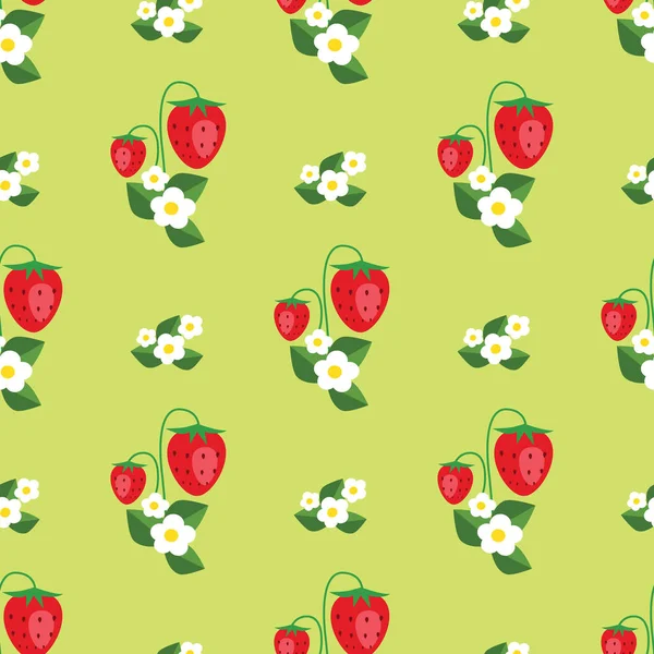 Modèle sans couture avec fraises, feuilles et fleurs. Fond vectoriel — Image vectorielle