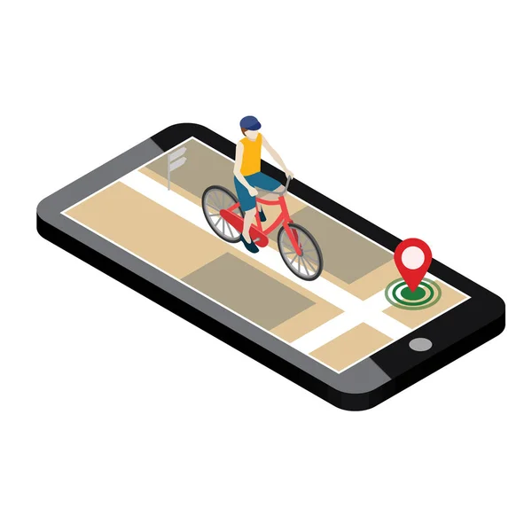 Izometryczne lokalizacji. Mobile geo śledzenia. Jazda na rowerze mężczyzną rowerzysta. Mapę — Wektor stockowy