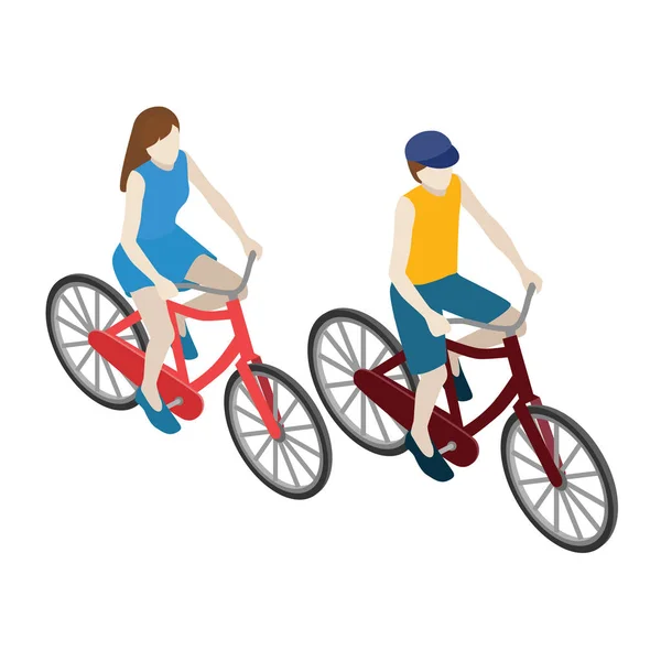 Female and male cyclists riding on a bicycle. Flat 3d isometric vector illustration — Stock Vector