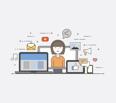 Bulut, Internet. Tüm aygıtlar için ortak depolama. Mutlu kullanıcı. Sosyal ağlar