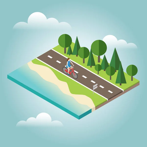 Woman cycling on countryside summer sunny road or highway — Stock Vector