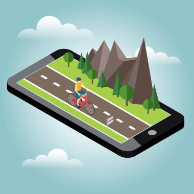 İzometrik kırsal. Yaz yol. Mobil geo izleme. Harita. Adam kırsal yaz güneşli yolda veya otobanda Bisiklete binme