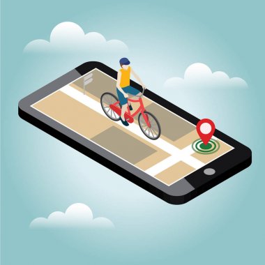 İzometrik konum. Mobil geo izleme. Erkek bisikletçi bir bisiklet sürme. Harita