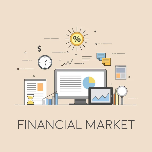 Negocios y Finanzas. Tecnologías digitales. Mercado financiero. Gráficos e informes — Vector de stock