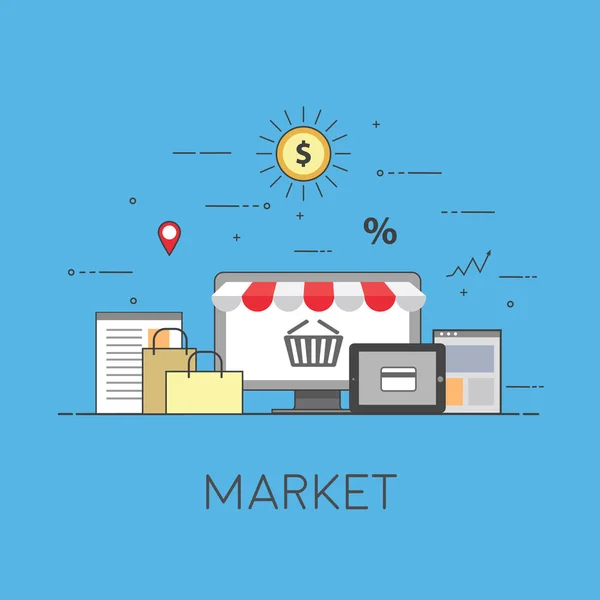 Banner de diseño plano de E-Commerce y E-Shopping para sitio web y sitio web móvil. Mercado. Fácil de usar y altamente personalizable — Vector de stock