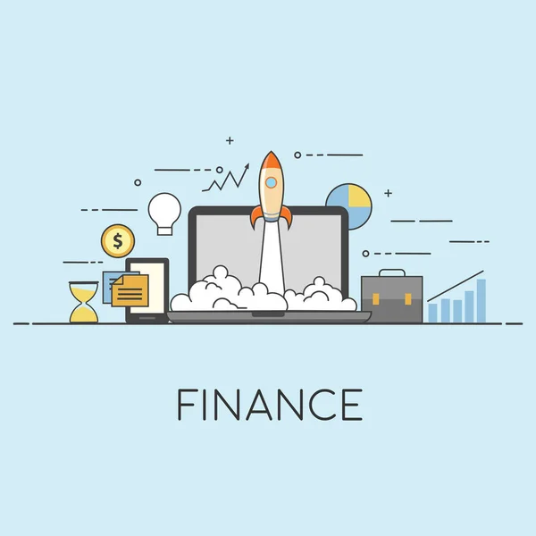 La finance réussit le démarrage complet. Illustration vectorielle avec lancement de fusée et ordinateur portable en arrière-plan . — Image vectorielle