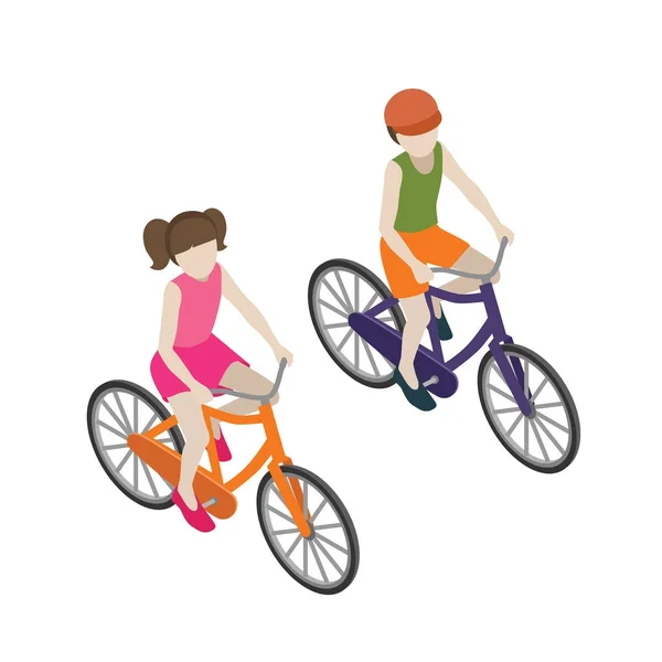 Boy and girl cyclists riding on a bicycle. Flat 3d isometric vector illustration. Brother and sister — Stock Vector