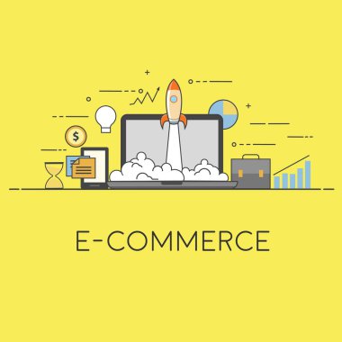 E-ticaret başlatma. Vektör çizim Roket fırlatma ve arka üstünde laptop.