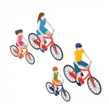 Aile bisikletçiler bir bisiklet sürme. 3D izometrik vektör çizim düz. Anne, baba, kızı ve oğlu.