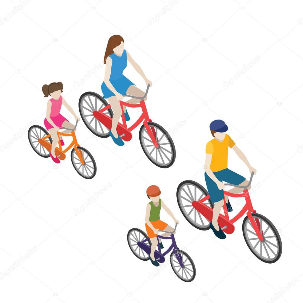 Family cyclists riding on a bicycle. Flat 3d isometric vector illustration. Mother, father, daughter and son.
