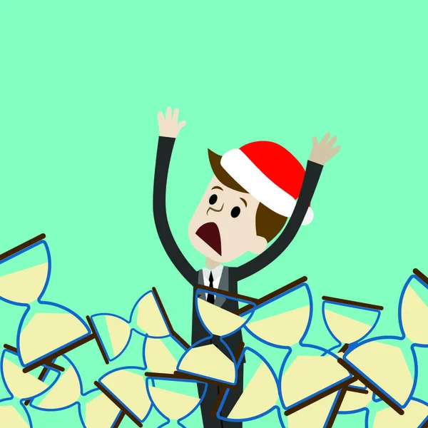 Empresário ou gerente de chapéu de Natal está se afogando em vidro de areia. Perder tempo. Ilustração vetorial —  Vetores de Stock