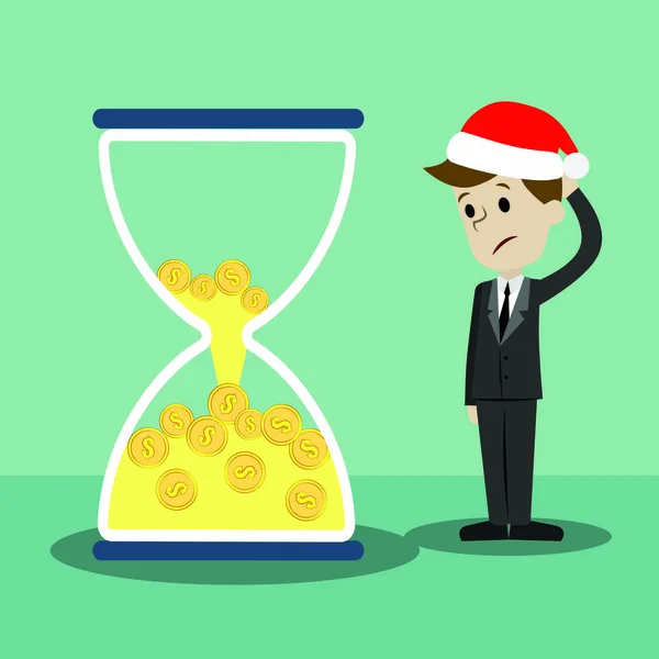 Üzletember vagy kezelő karácsonyi kalapban állni közelében sandglass. Idő, a pénz. Pénz-sandglass — Stock Vector