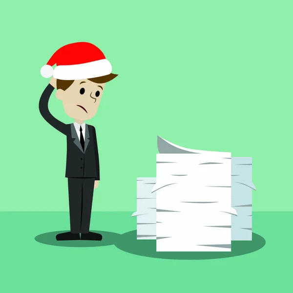 Επιχειρηματίας στο Χριστουγεννιάτικο καπέλο, βρίσκοντας τον εαυτό του πρόκειται να είναι απασχολημένος. — Διανυσματικό Αρχείο