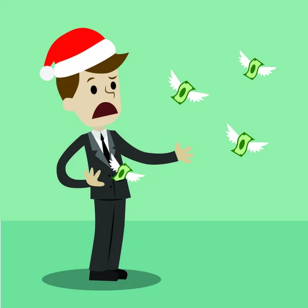 Businessman or manager in Christmas hat losing his money. Money fly away like birds. Vector illustration — Stock Vector
