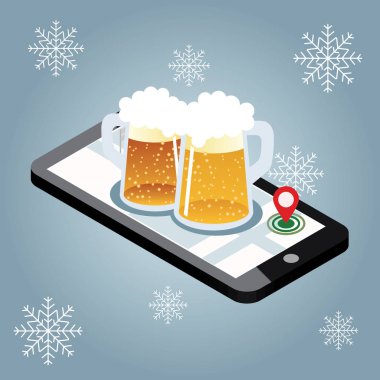 Mobile searching. Looking for bar in winter. Isometric mobile and beer. Geo tracking. Map clipart