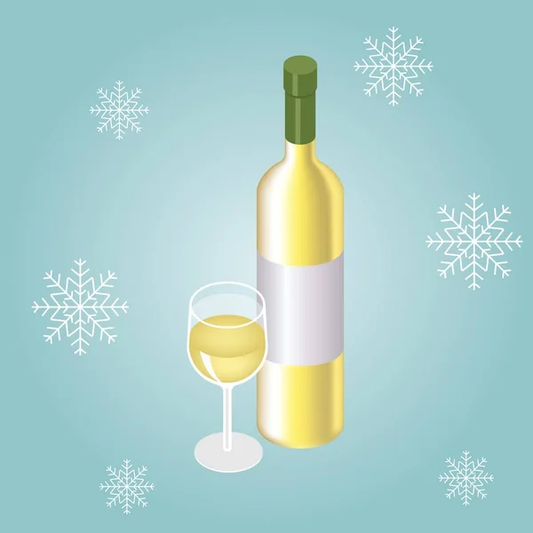 Izometryczne czerwone, wina butelka ze szkła na tle zima — Wektor stockowy