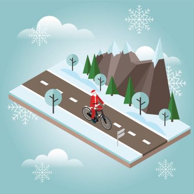 Noel Baba bir bisiklet. İzometrik kırsal. Kış yol. Noel Baba kırsal kış yolda veya otobanda Bisiklete binme