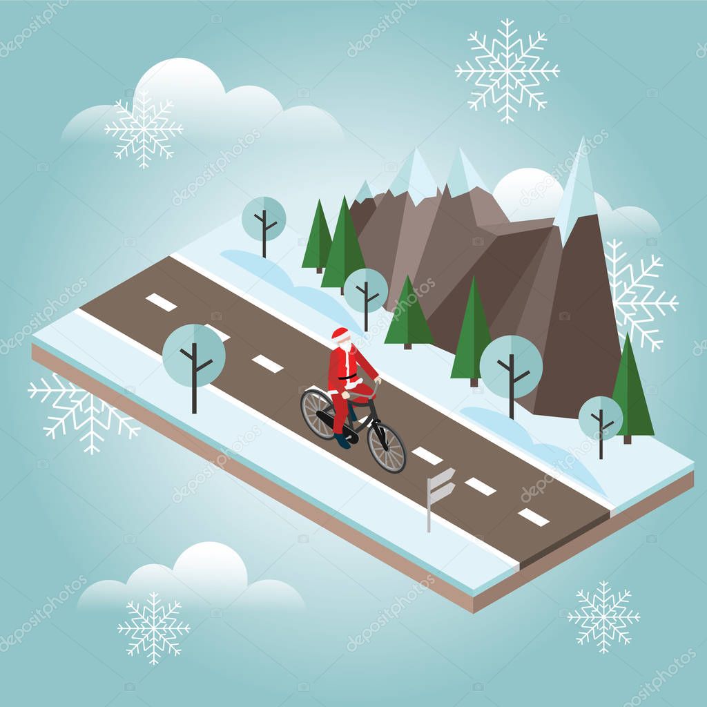 Santa Claus on a bike. Isometric countryside. Winter road. Santa Claus cycling on countryside winter road or highway