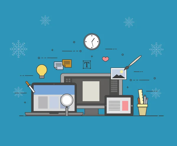 Web e design móvel e desenvolvimento em fundo de inverno —  Vetores de Stock