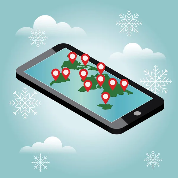 Handy-Geo-Ortung. Schneetag. Warten auf Weihnachten und Neujahr auf der ganzen Welt. GPS-Navigator für Smartphones — Stockvektor