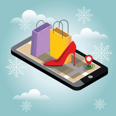 Noel ve yeni yıl alışveriş. Online kış alışveriş ve e-ticaret kavramı. Ayakkabı ve yüksek topuklu ayakkabılar. Hediyeler