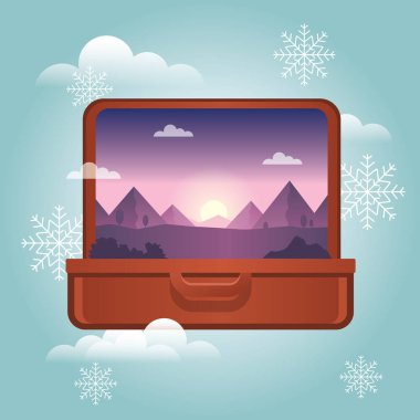 Kışın yaz tatili. Kış tatil Planlama. Açık bavul içinde Dağları ile. Seyahat ve Turizm. Vektör illustation