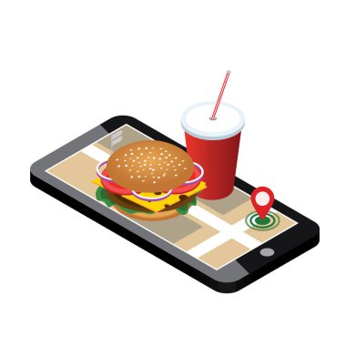 İzometrik şehir. Fast food teslim. Fast food Restoran. Mobil arama. Geo izleme. Map.Isometric şehir. Gıda teslim.