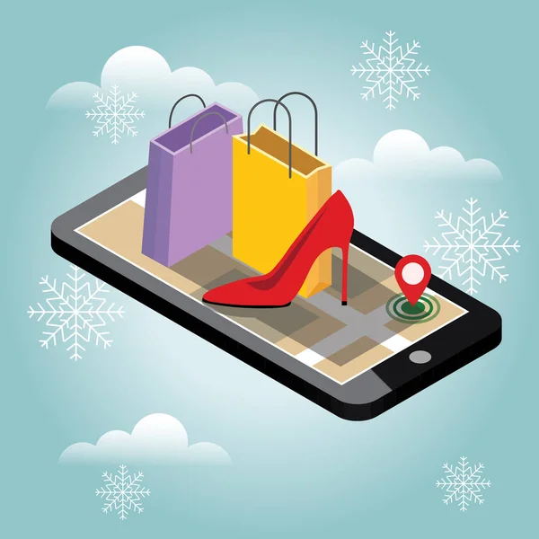 Noel ve yeni yıl alışveriş. Online kış alışveriş ve e-ticaret kavramı. Ayakkabı ve yüksek topuklu ayakkabılar. Hediyeler — Stok Vektör