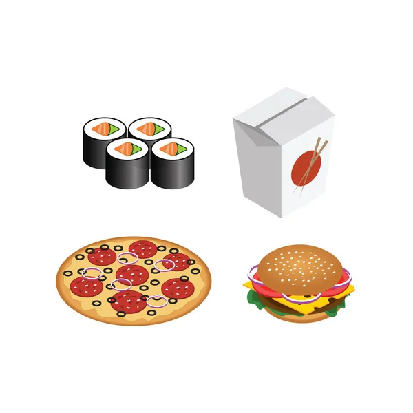 Fast Food realistisch eingestellt. Isolierte Burger, Pizza, Sushi, Brötchen. Illustration zur Gestaltung von Fast-Food-Menüs — Stockvektor