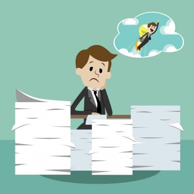 Çalışma ve yeni fikir veya sartup hakkında rüya iş adamı. Ofis çalışanı stres başarı hayal içinde.