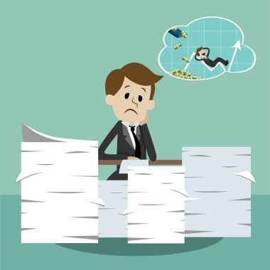 Çalışma ve para hakkında rüya iş adamı. Para ve büyüyen grafik hakkında düşünme. Kar rüya stres ofis çalışanı.